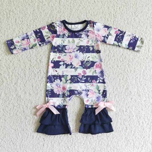 promotion price LR0063 purple pink flower ruffle long sleeve girl romper 0805 RTS
