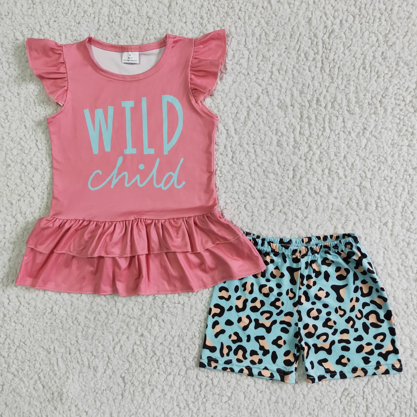 wild child letters pink green leopard print short sleeve shorts girl outfits 0331