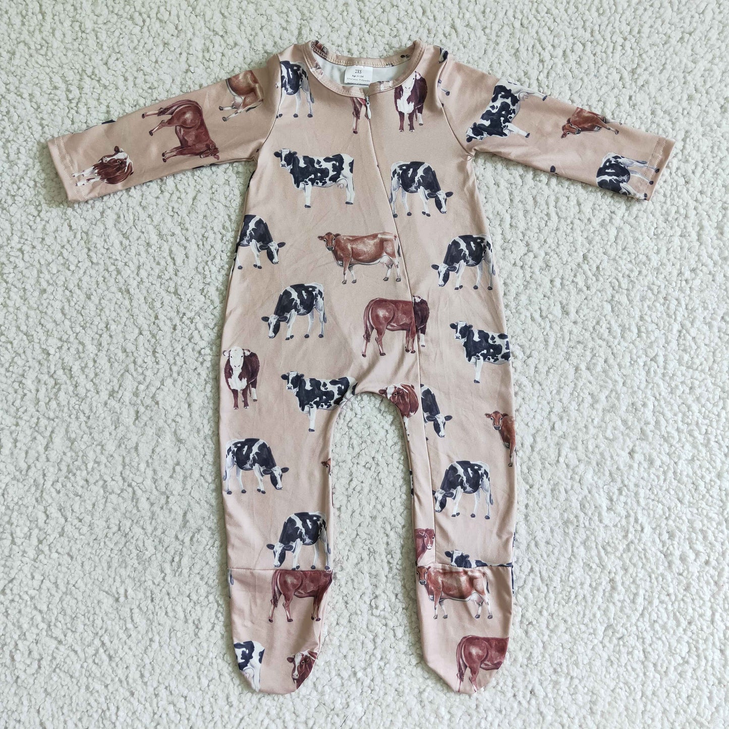 PROMOTION PRICE LR0073 RTS cow brown long sleeve zipper baby boy girl romper 0803