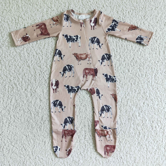 PROMOTION PRICE  LR0073 RTS cow brown long sleeve zipper baby boy girl romper 0803