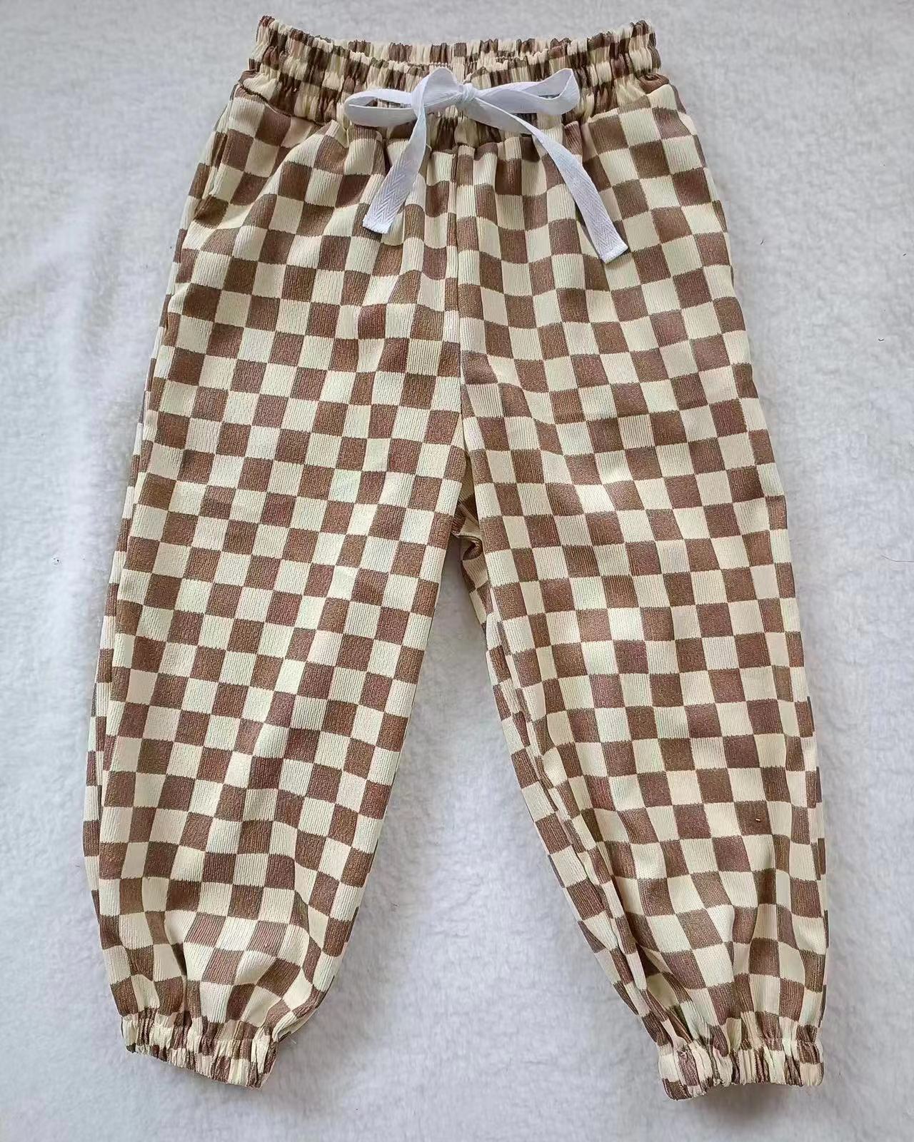 Yellow plaid cotton long pants 0711 RTS