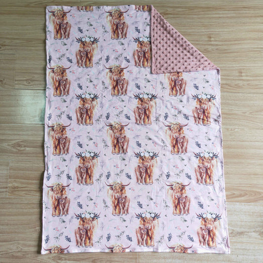 BL0016 RTS cow yak farm western design print pink baby blankets 0623