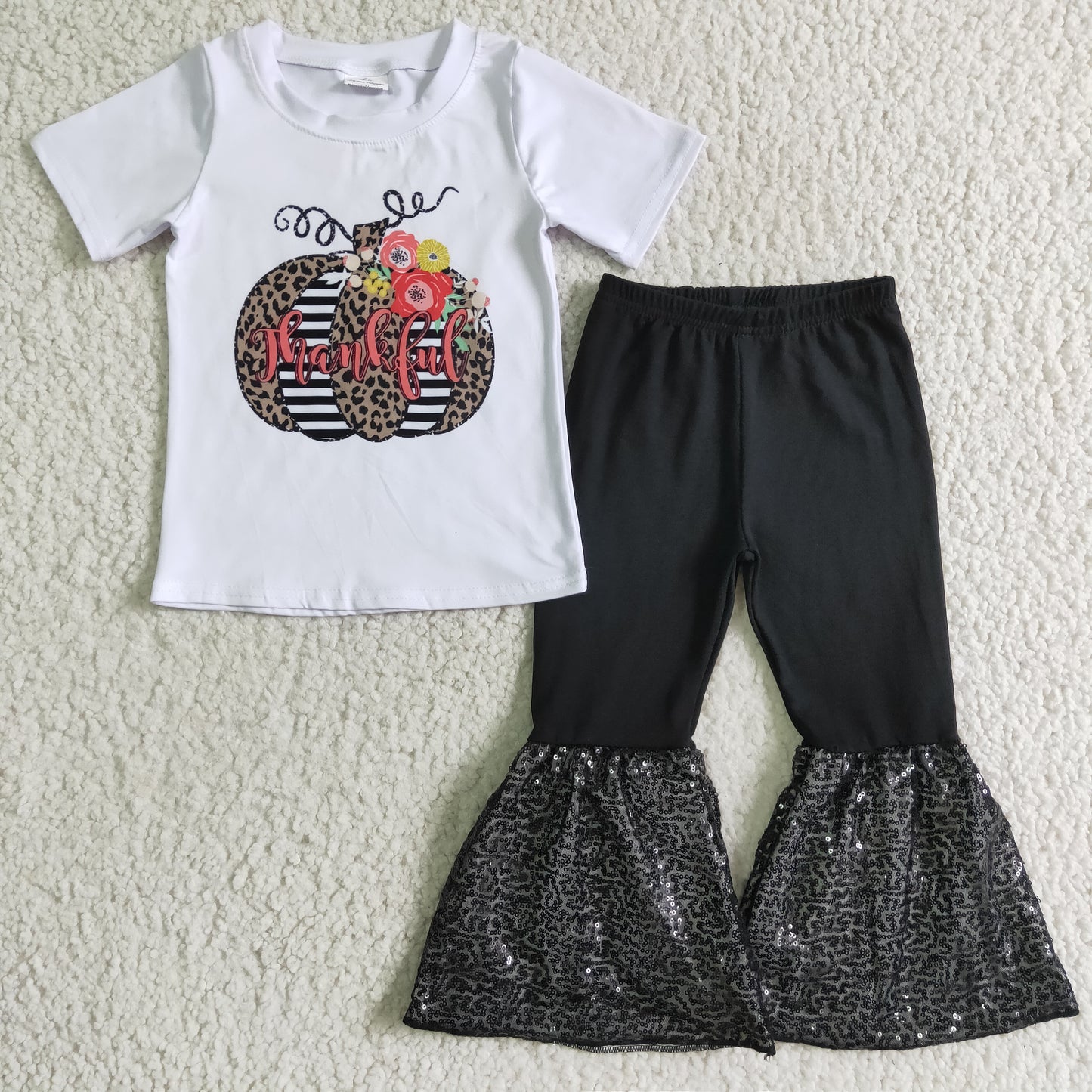 promotion C4-14 Thanksgiving day pumpkin thankful sequins short sleeve bell bottom outfit 0914 RTS