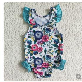 pink blue flower puffy sleeve short romper 0416