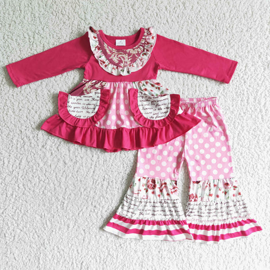 Hot pink ruffle pocket white dots long sleeve bell pant girl patchwork outfit 0617 RTS