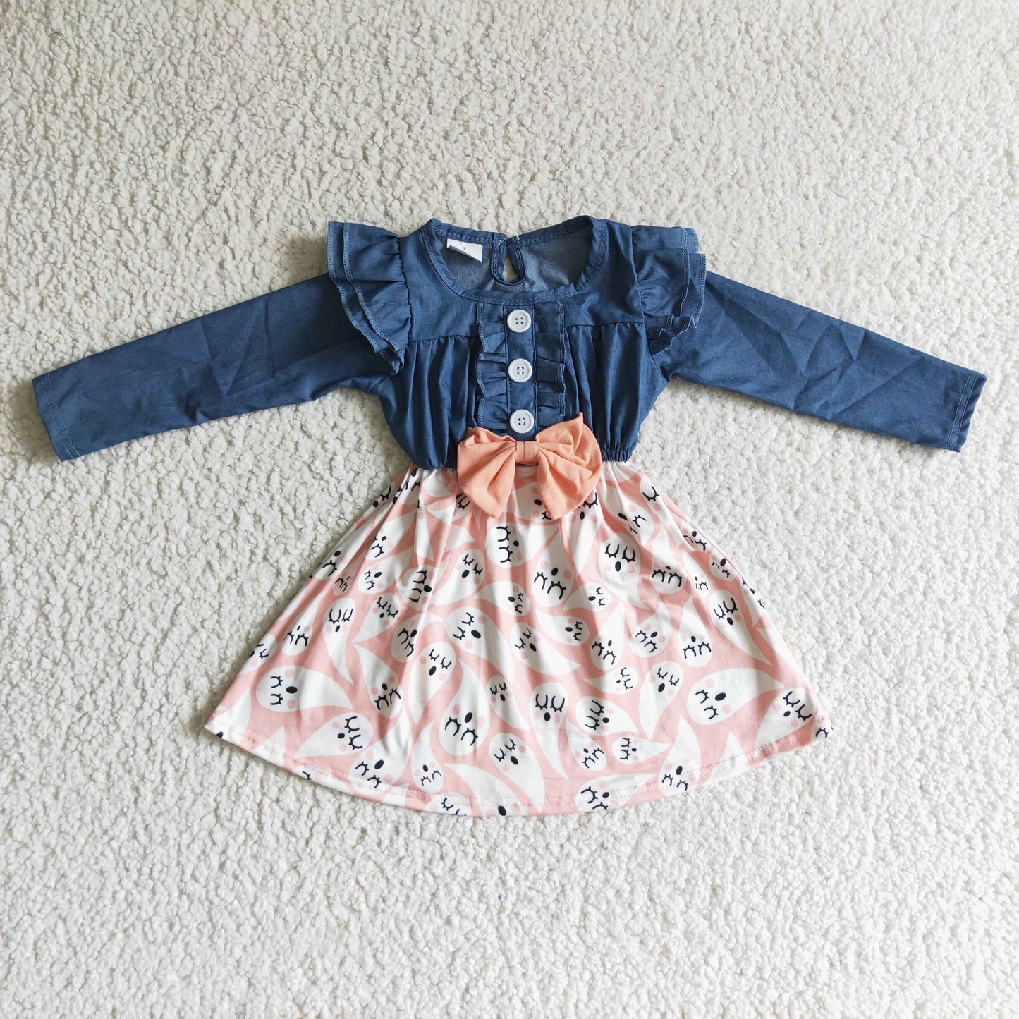 blue bow boo dress long denim sleeve Halloween girl dress 0928