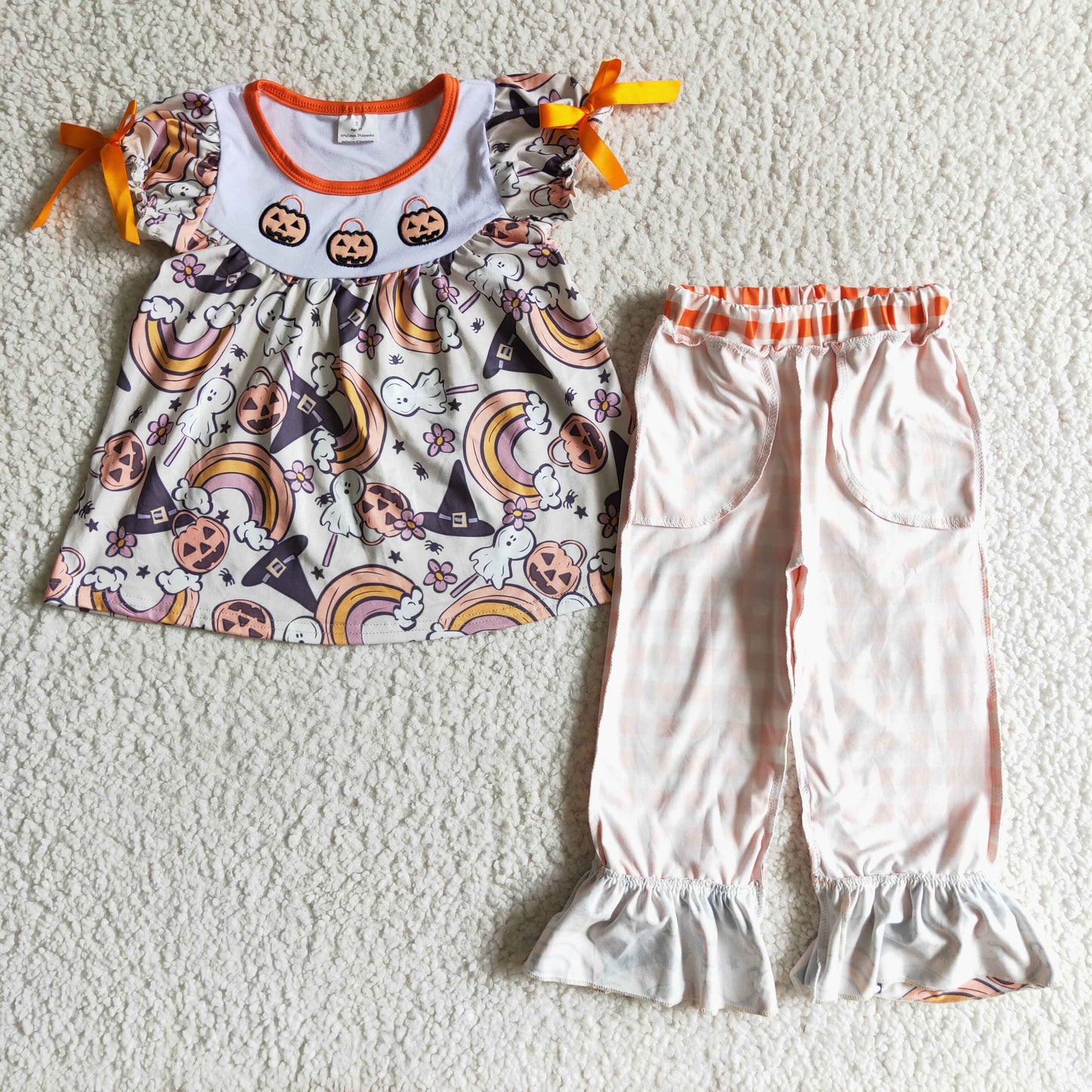 embroidery halloween pumpkin short bow sleeve plaid pants baby girl outfit 20230621 RTS