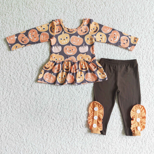 RTS 0815 pumpkin orange black long sleeve long ruffle pants girl outfit halloween