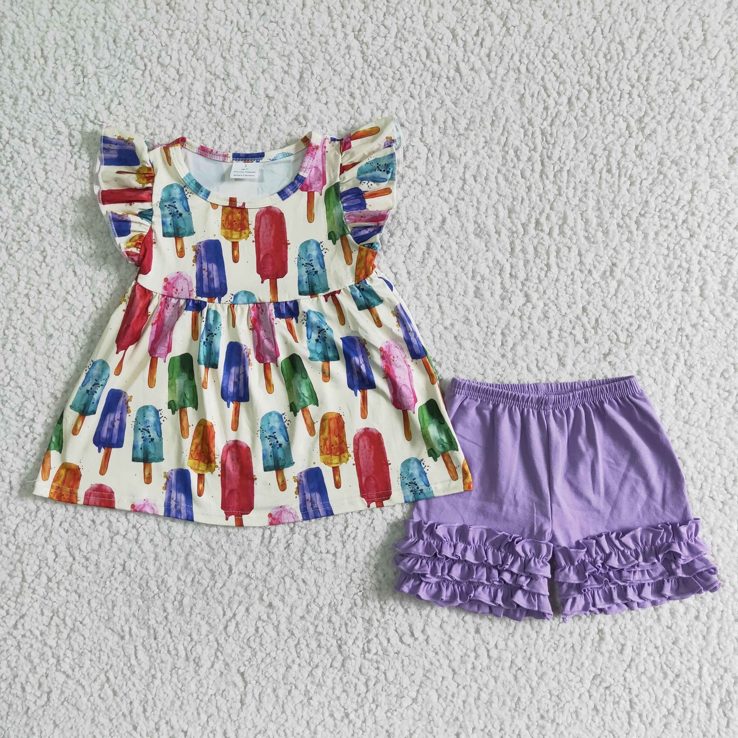 promotion A6-22 Popsicle ice colorful puffy top set purple ruffles short sleeve shorts outfits 202404
