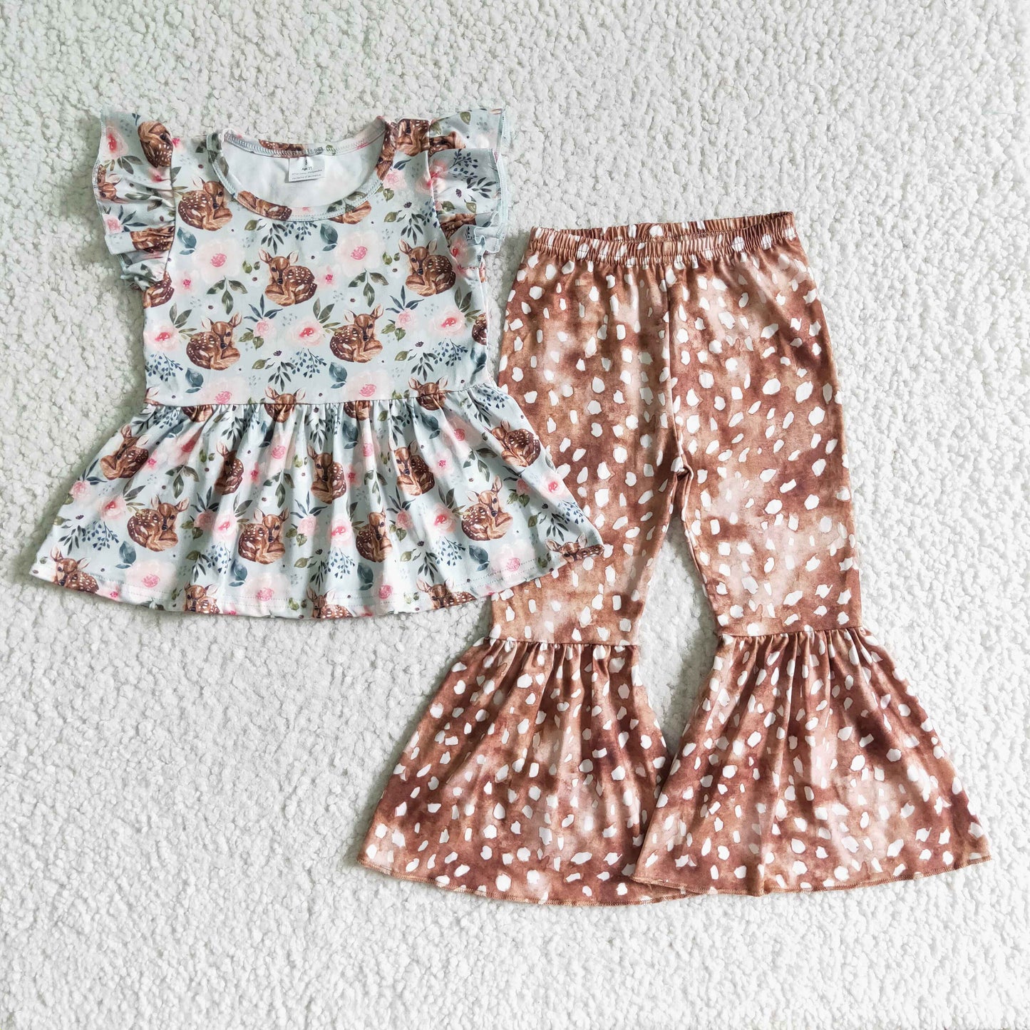 GSPO0077 RTS 3pcs pink flower deer puffy short sleeves brown bell bottom pants girl outfit