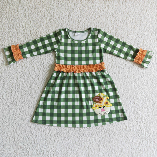 promotion RTS GLD0067 fall scarecrow long green plaid sleeve girl dress 0912