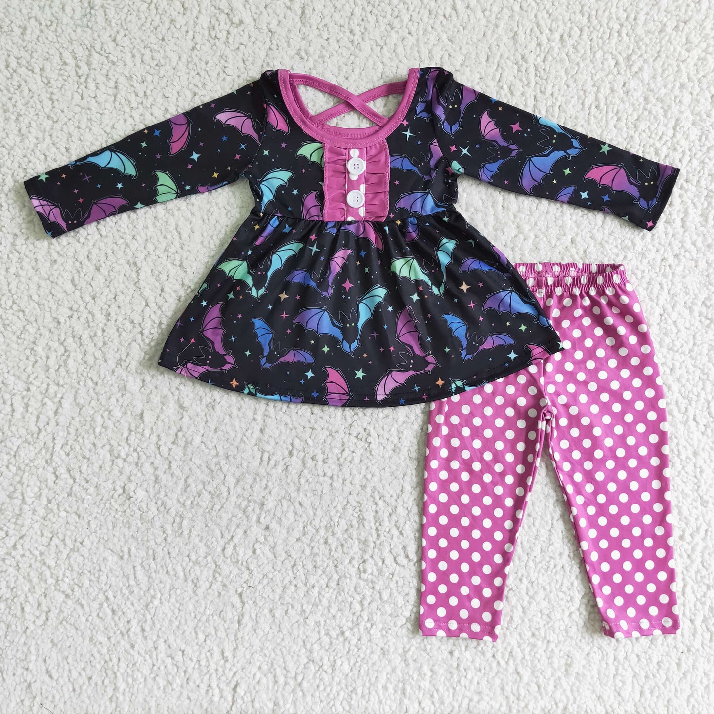Promotion 202408 RTS GLP0042 promotion RTS long sleeve colorful bat hot pink dots pants girl outfit