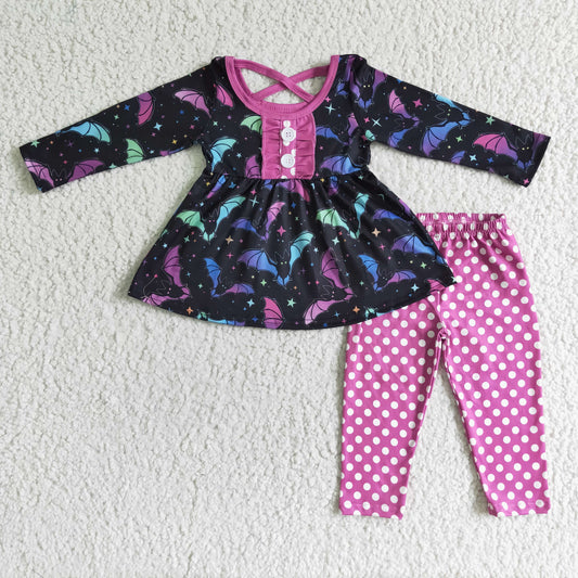 Promotion 202408 RTS GLP0042  promotion RTS long sleeve colorful bat hot pink dots pants girl outfit