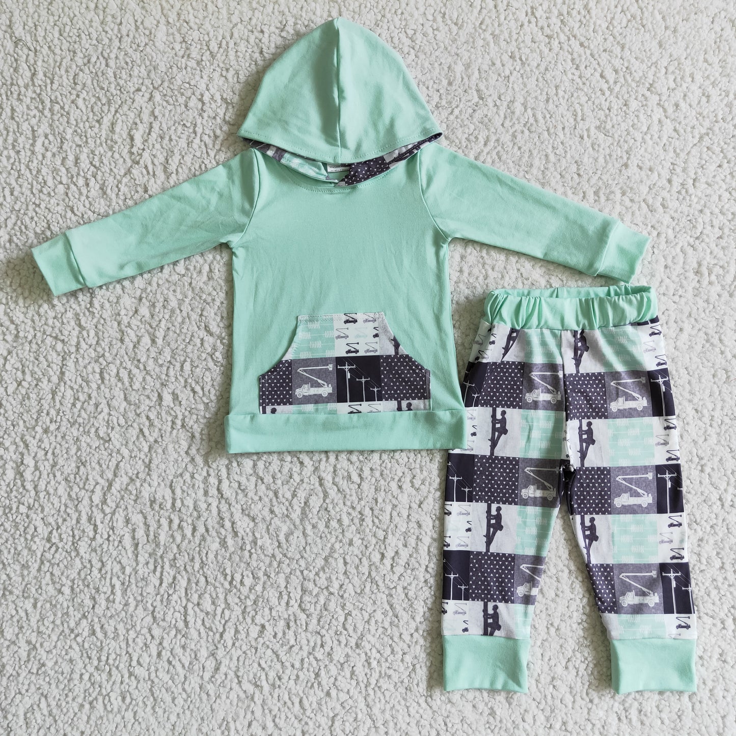 promotion Cartoon Line light green pocket boy hoodies outfits 0921