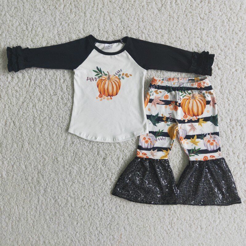 Promotion RTS 6 A20-29 pumpkin black raglan ruffles white stripe long sleeve bell bottom pant outfit