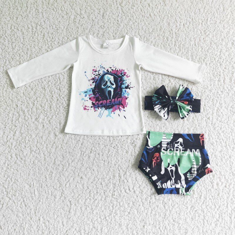Promotion RTS LR0031 (choose headband below) skull white long sleeve halloween girl bummies outfit 0707