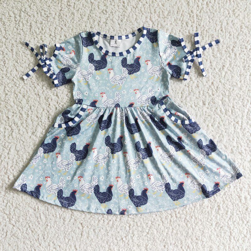 promotion GSD0094 RTS green chicken hen flower sling bow sleeves pockets girl dress real pic 0805
