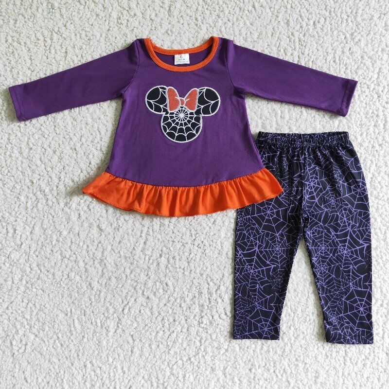 promotion GLP0025 RTS embroidered black purple top long shoulder net print girl outfit