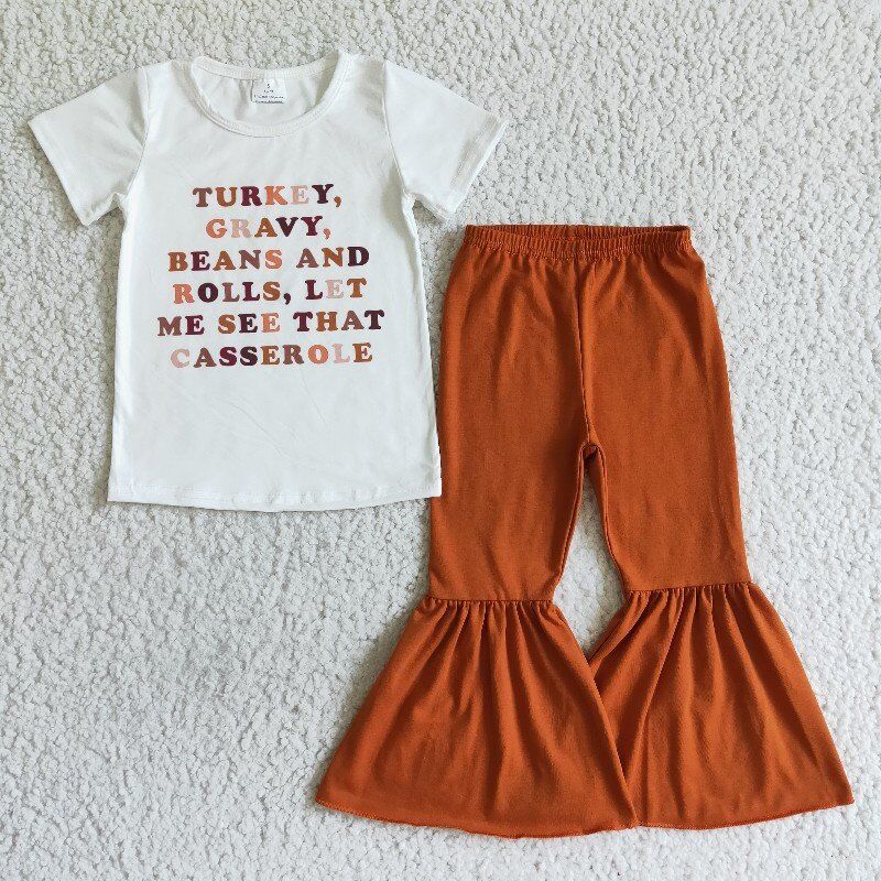 Letter turkey brown orange short sleeve girl outfit 0908 RTS