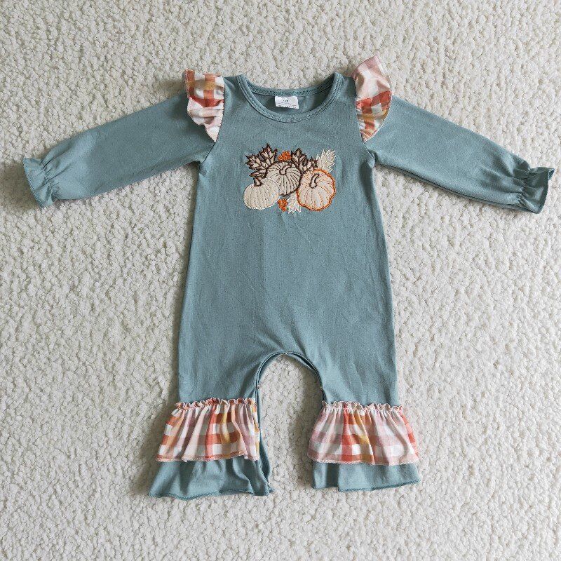 LR0105 RTS halloween pumpkin blue long sleeve snap baby plaid ruffle girl romper 0927