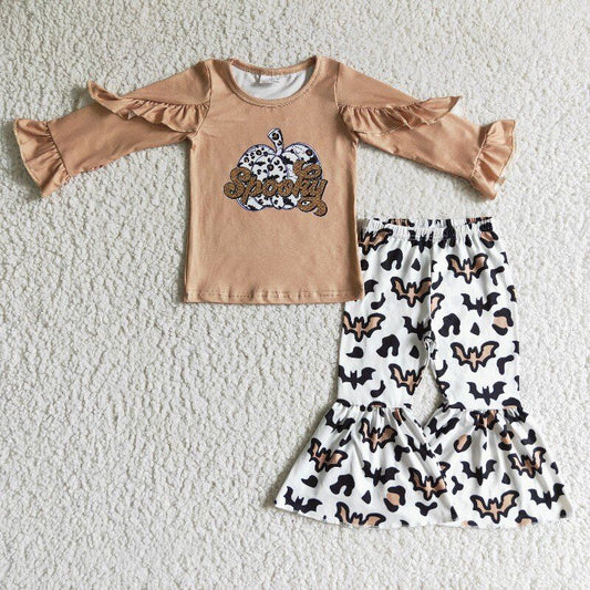 promotion RTS GLP0107 SPOOKY brown ruffle long sleeve sunflower bell bottom pants girl outfit 1025