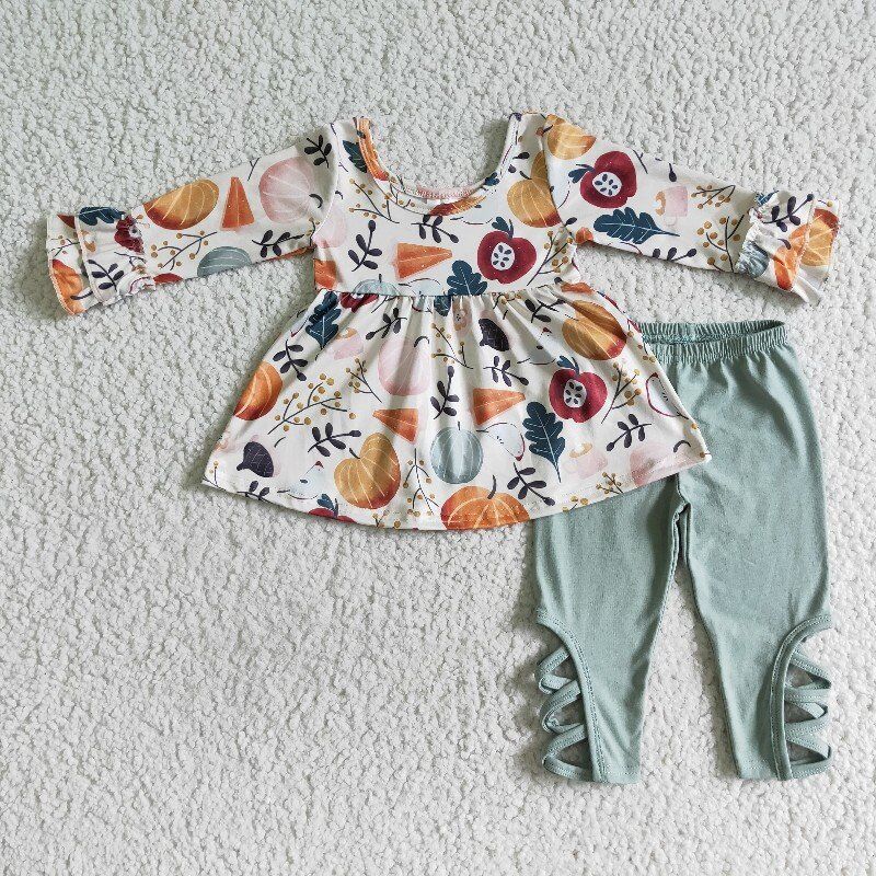 1025 halloween pumpkin orange flare long sleeve green long legging girl outfit RTS