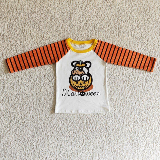 BT0054 RTS long sleeve pumpkin halloween orange stripe boy top 1025