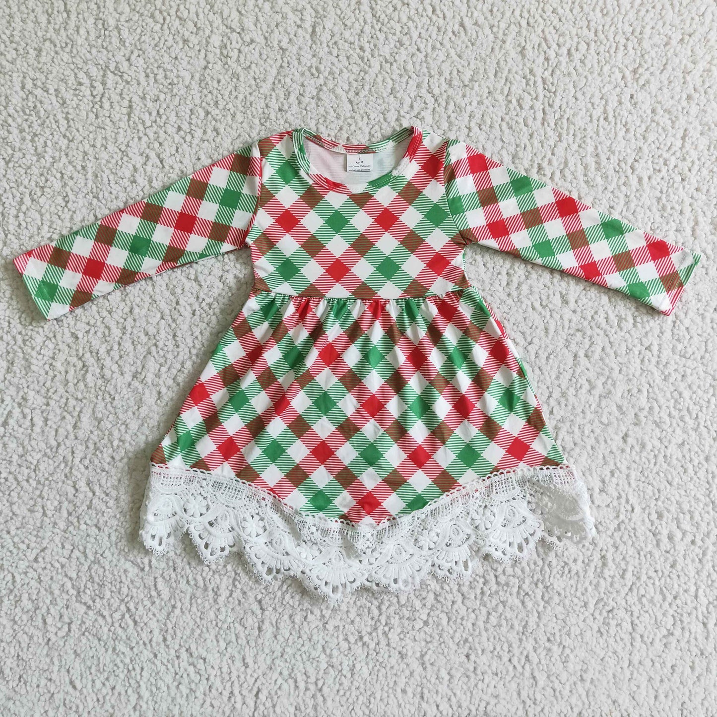 GLD0023 long sleeve red green plaid lace ruffle girl dress RTS