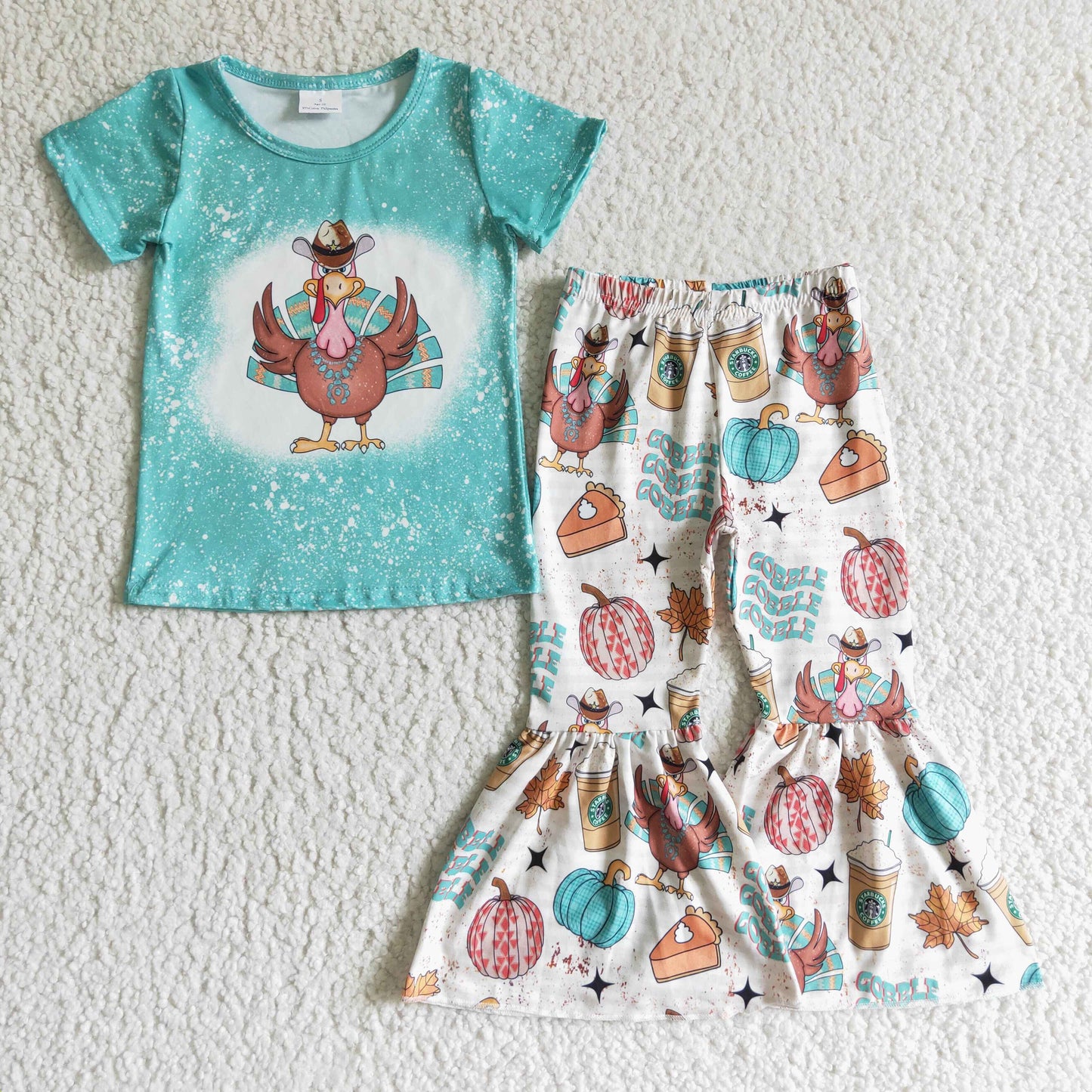 thanksgiving day girl outfits short sleeve turkey green 0928 RTS