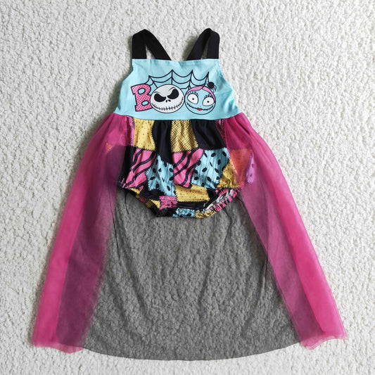 SR0084 RTS halloween boo patch work belt sleeve snap baby girl tulle gause dress romper 0817