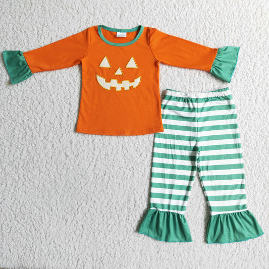 RTS 0708 halloween orange pumpkin smile long sleeve Green stripe Embroidery pants girl pajamas outfit