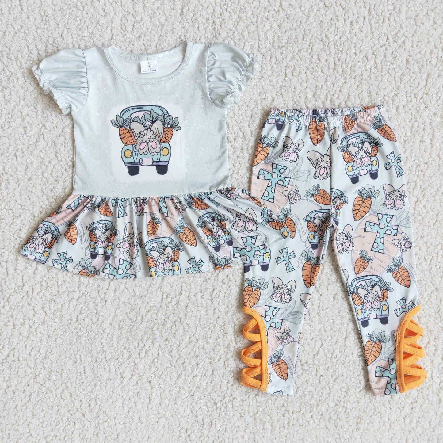 promotion sky blue easter cross carrot short sleeve legging pant outfit