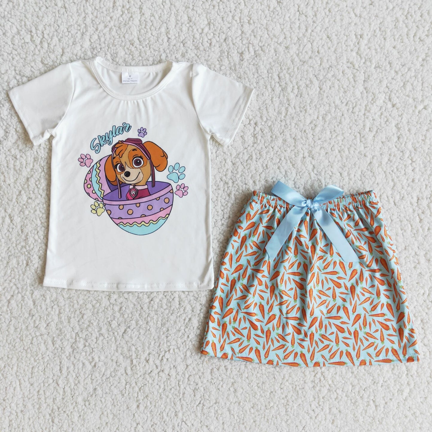 Promotion E10-1 cartoon dog egg carrots bow short sleeve skirt outfits