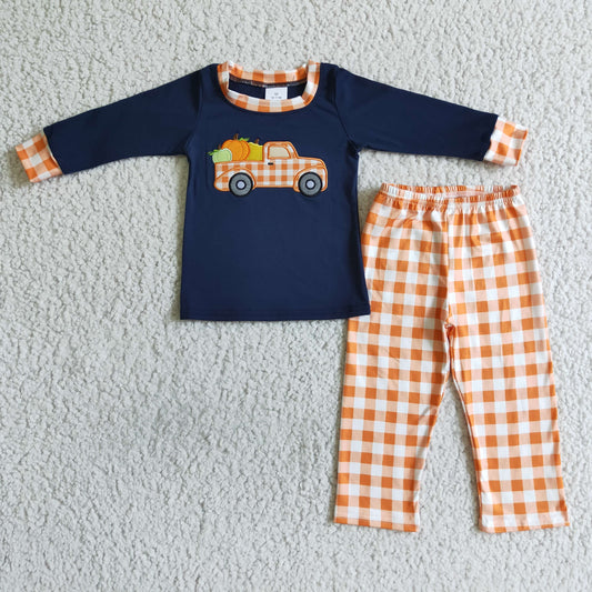 RTS 0722 halloween blue Embroidery pumpkin truck orange plaid boy outfit