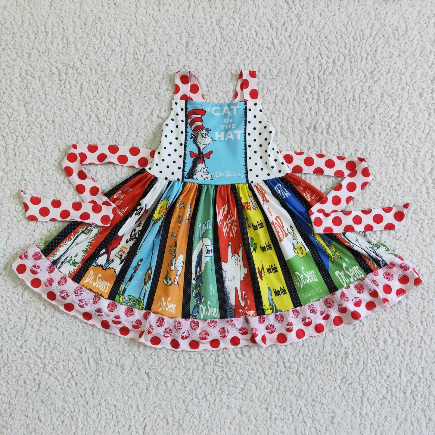 Promotion RTS cartoon red dot belt reading patchwork short sleeves sleeveless girl dress 20230224 RTS