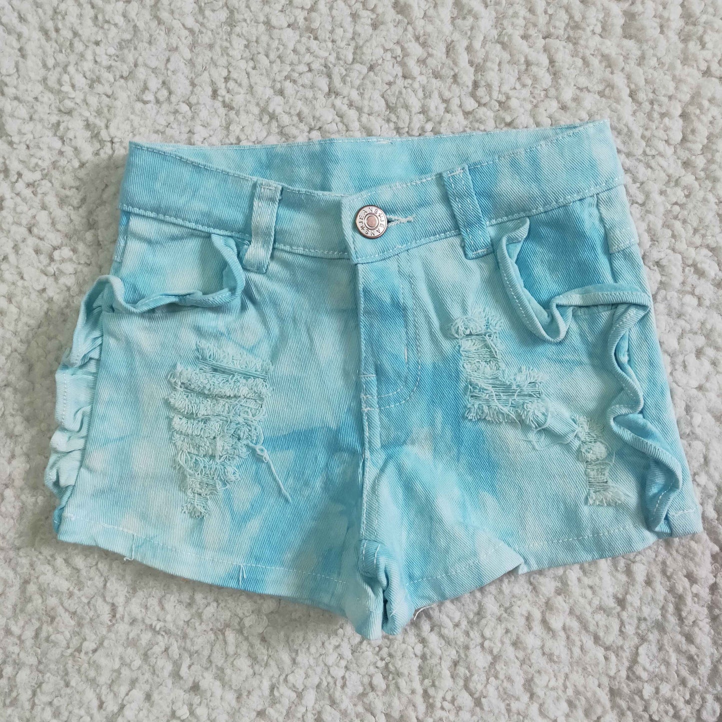 SS0008 RTS ruffle pockets girl button bleach blue color ripped denim shorts 0528