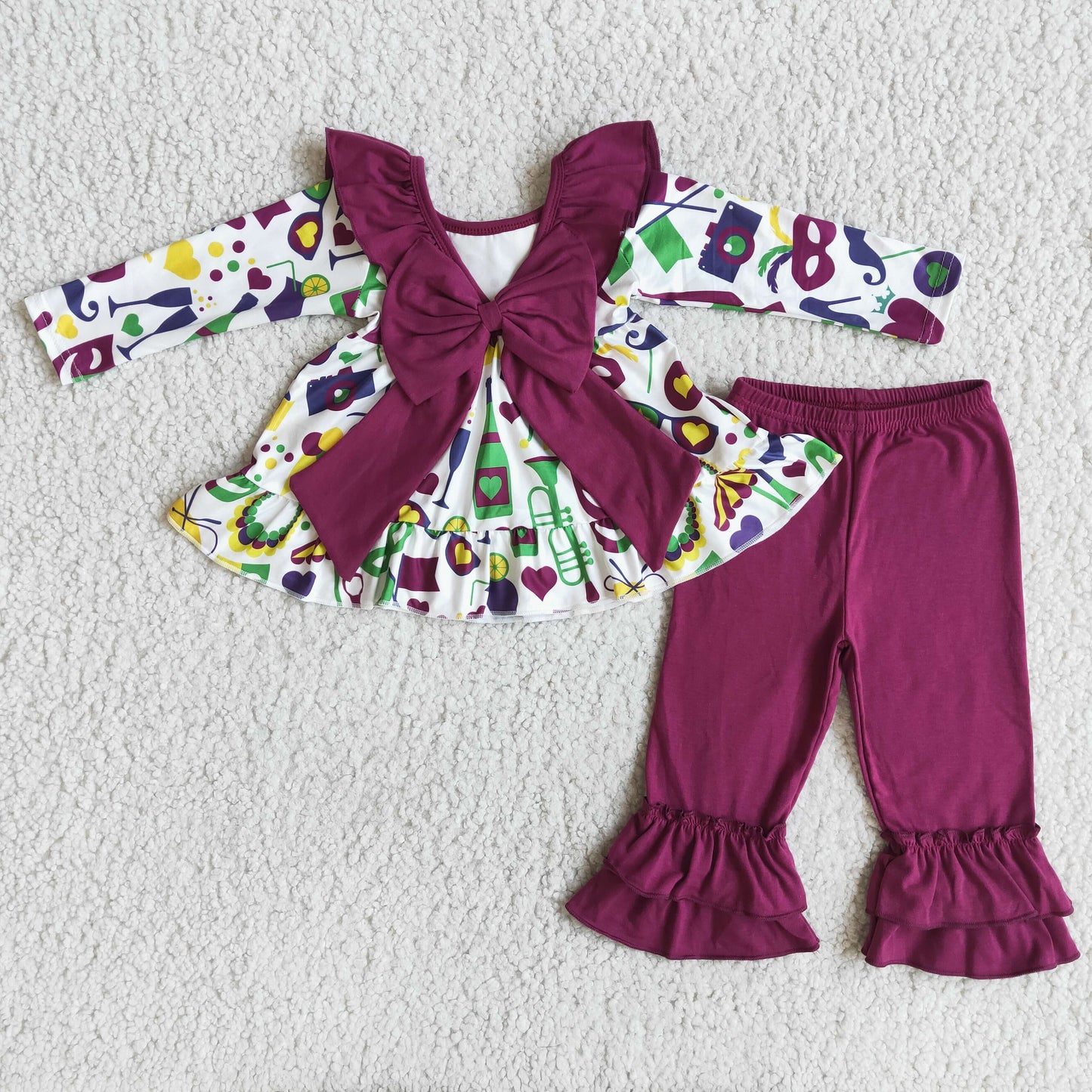 6 A0-1 Mardi Gras Carnival girl purple big bow long sleeve pant outfit
