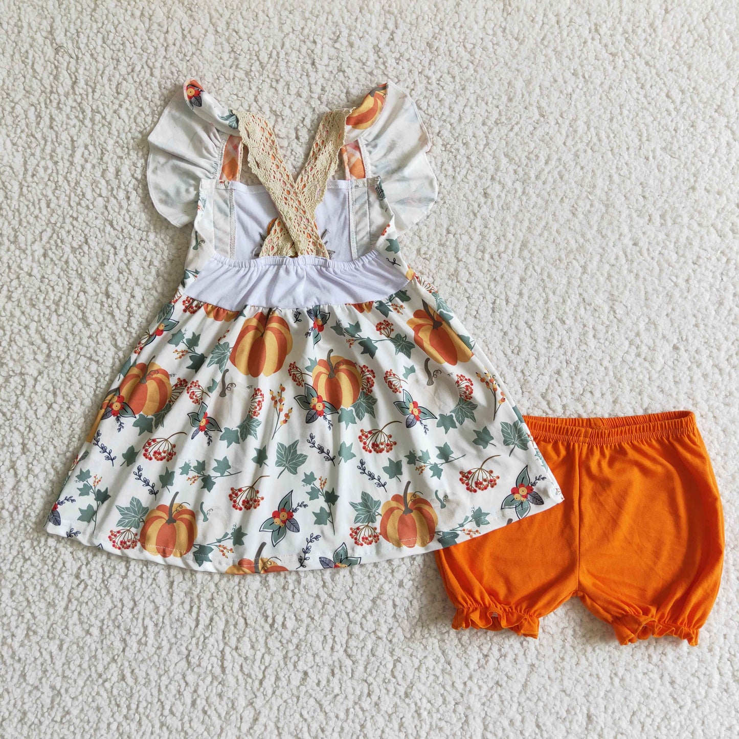 Halloween pumpkin lace short sleeve shorts summer girl outfit 0921