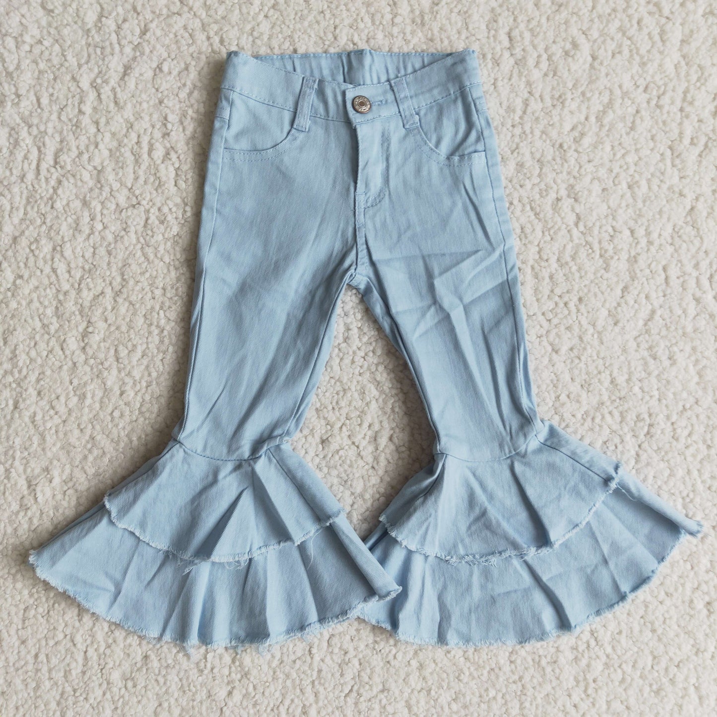 light blue double ruffles bell bottom button jeans denim pant Jan 0106