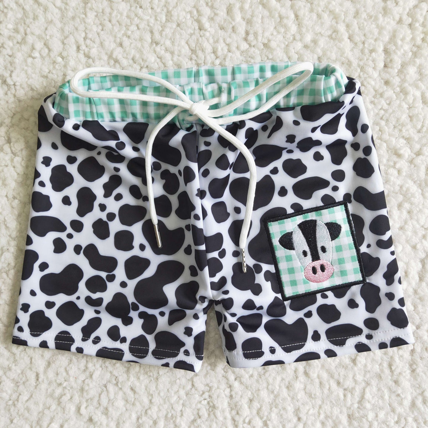 cow embroidery print green white plaid boy swimming trunks shorts 0411