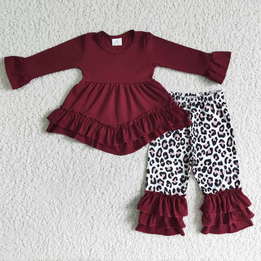 Red Girl ruffle double tunic long sleeve leopard print pants girl outfits 0614 RTS