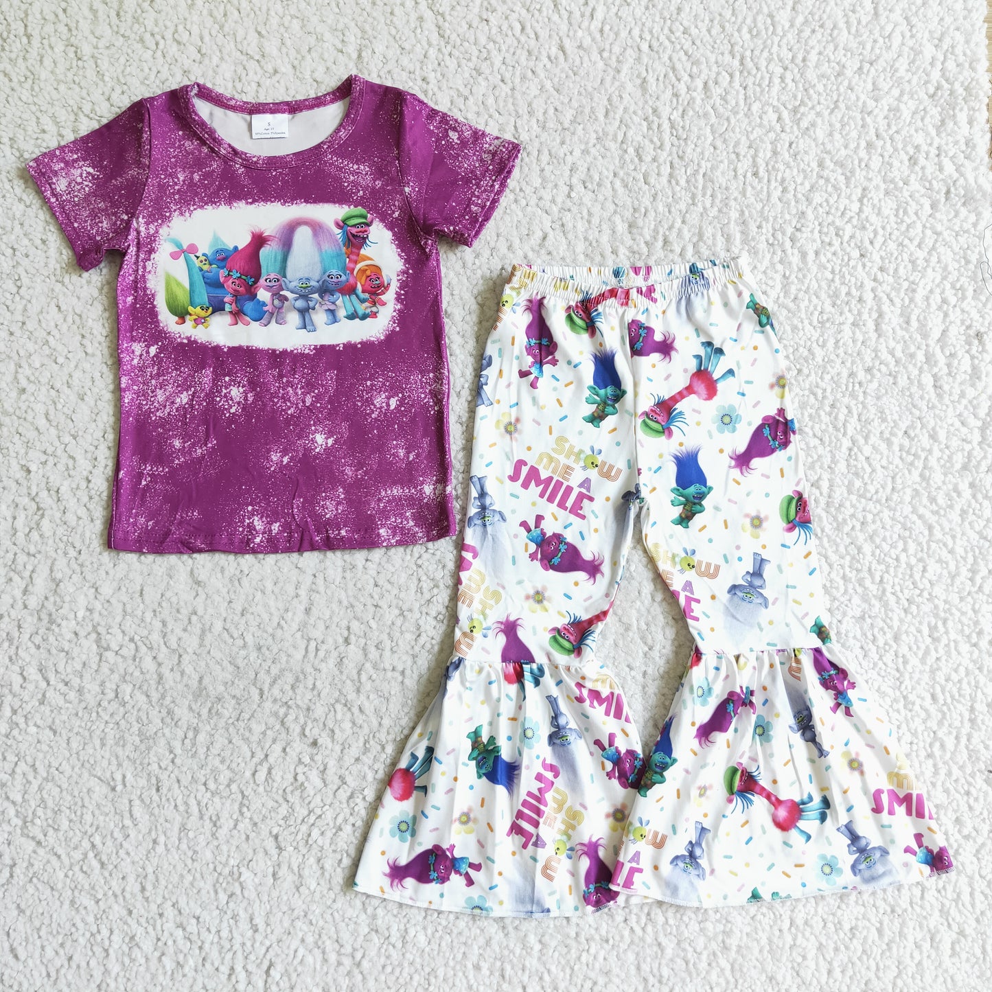 RTS purple smile long hair short sleeve bell bottom girl outfits 0809
