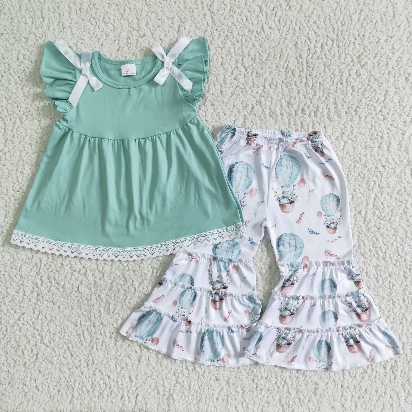 Promotion RTS rabbit mint fire balloon puffy sleeve ribbon bow bell bottom pant girl outfit 0511