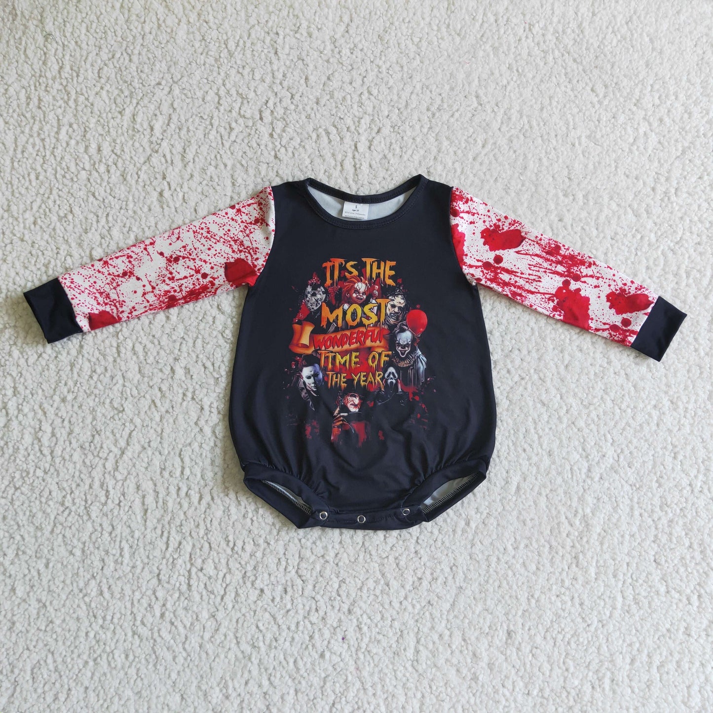 RTS red black letters halloween snap girl long sleeve romper