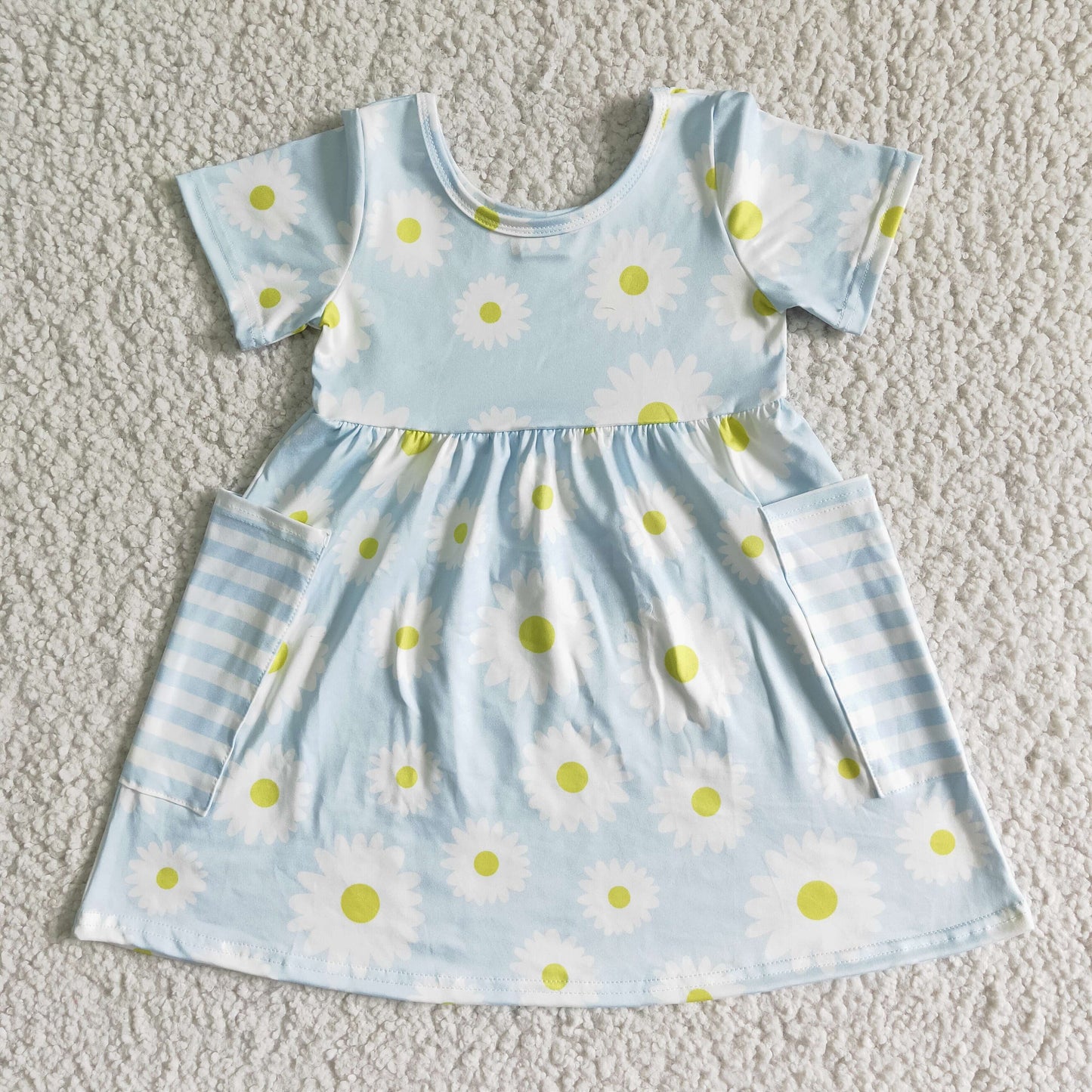 GSD0096 RTS blue sunflower Daisy short sleeves pockets girl dress 0609