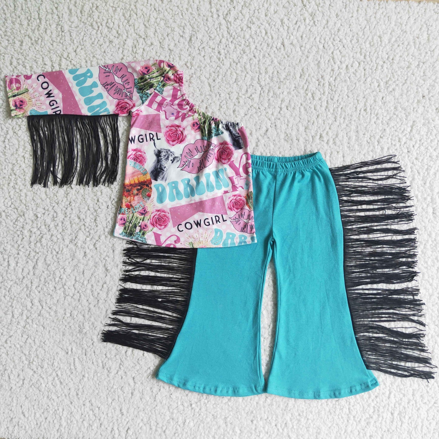 PROMOTION PRICE GSPO0141 RTS cow western girl one sleeve cow pink tassel green pants girl clothes outfit