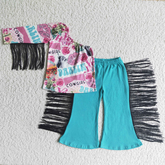 PROMOTION PRICE  GSPO0141 RTS  cow western girl one sleeve cow pink tassel green pants girl clothes outfit