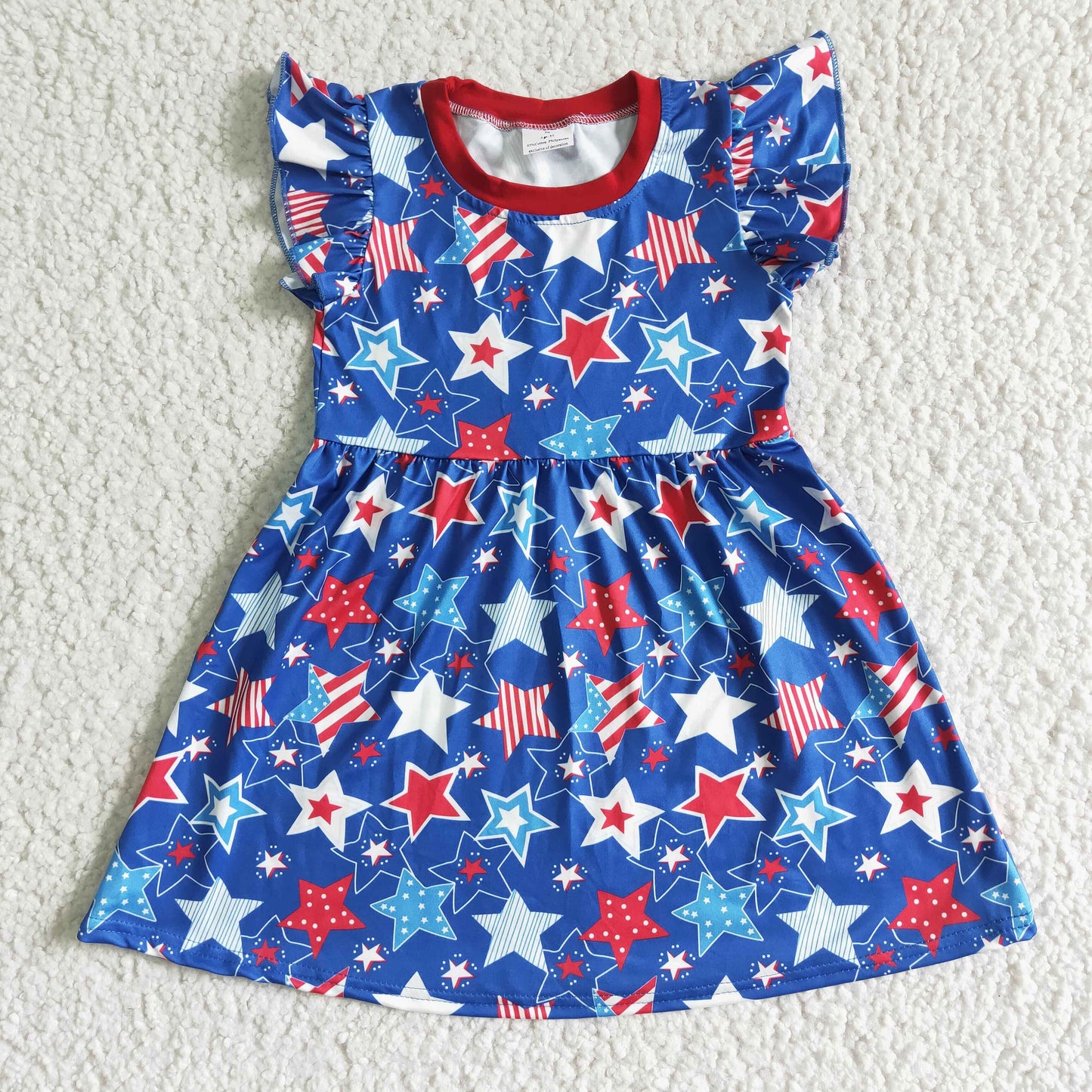 C11-9 RTS 4th July America blue red stars puffy sleeve girl dress 0511
