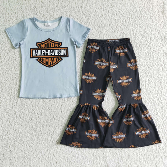 GSPO0106 RTS blue short sleeve motor davison bell bottom pants girl outfit 0615