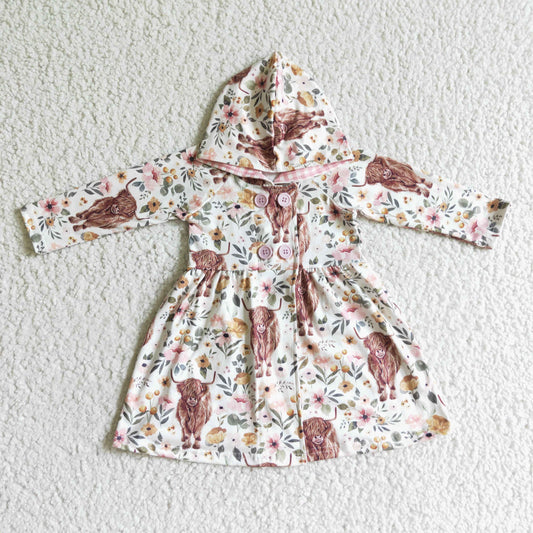 GLD0082 girl hoodie brown cow  flower long sleeve girl dress clothes 0815 RTS